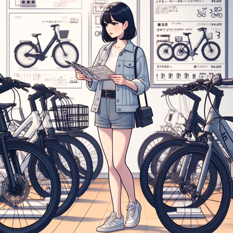 電動アシスト付き自転車をレンタルしようか迷っている女性