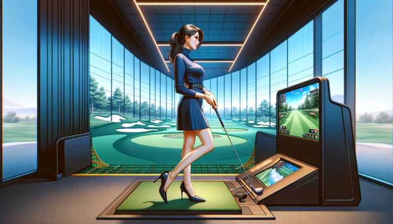 シミュレーションゴルフをしようとしている女性