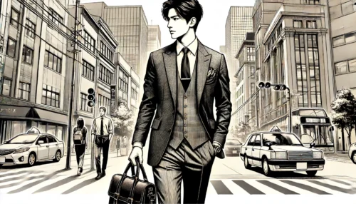 お洒落なビジネスバッグを持って都会を歩くお洒落な日本人男性