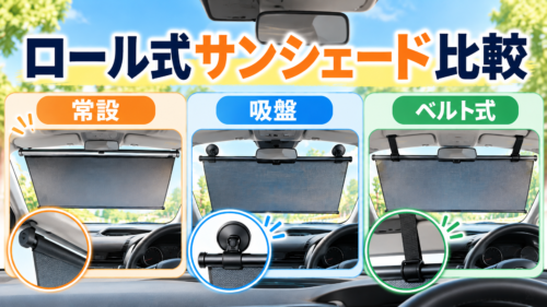 車用ロール式サンシェードの常設型・吸盤式・ベルト式の違いと選び方を解説する記事のアイキャッチ