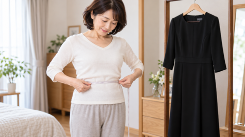 喪服のサイズ選びのためにメジャーでウエストを測る女性