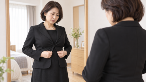 久しぶりに着た喪服のジャケットがきつく、鏡の前で確認する女性