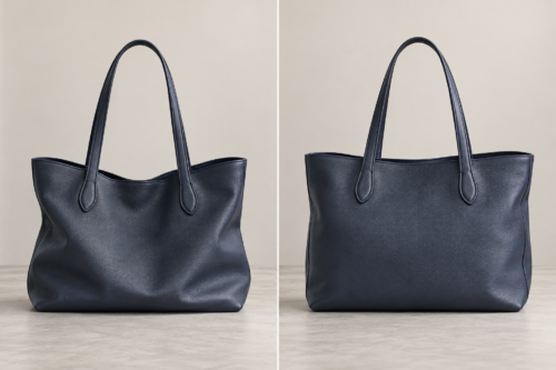 柔らかい革のトートバッグが荷物の量によって形を変える様子を比較したイメージ