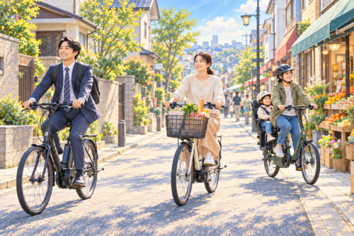 電動アシスト自転車を通勤や買い物、子どもの送迎に利用する場面を描いたイメージ
