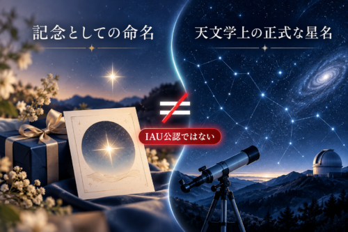 スターネーミングギフトの記念命名と天文学上の正式な星名の違いを説明する模式図