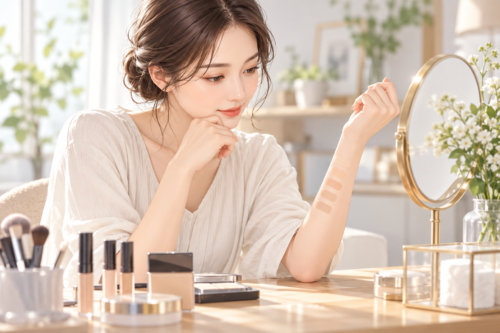 コンシーラーの色見本を見比べながら、自分に合う色を選ぶ女性のイメージ